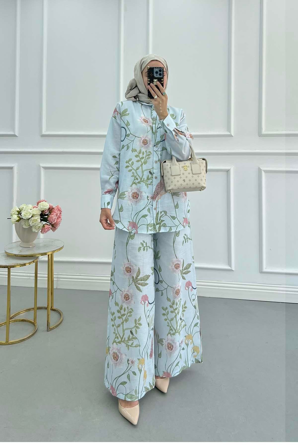 Sare Fashion Flower Patterned Suit Baby Blue