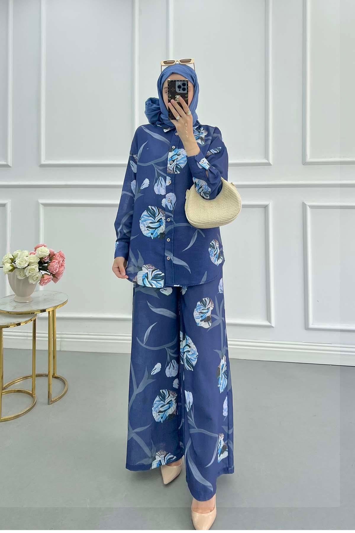 Sare Fashion Flower Patterned Suit Navy Blue