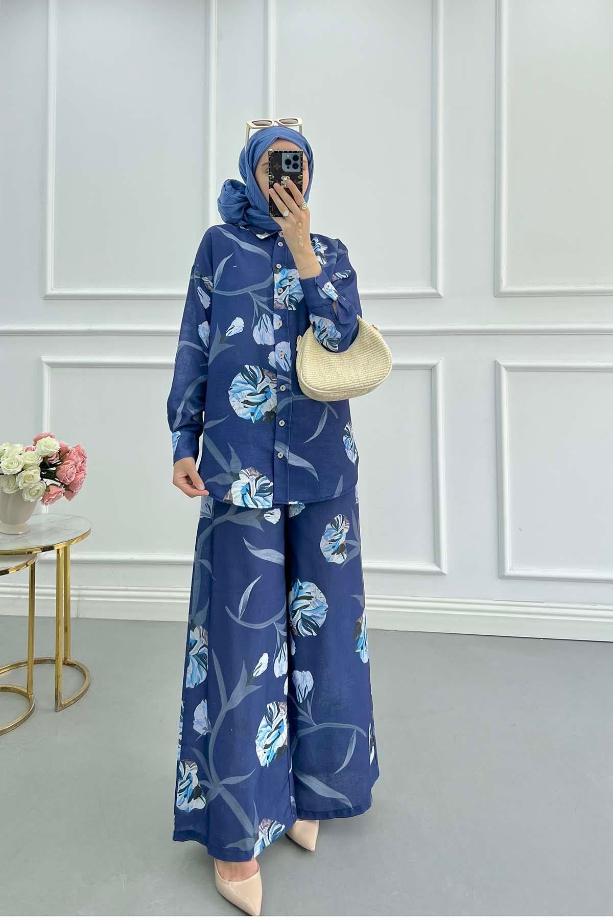 Sare Fashion Flower Patterned Suit Navy Blue