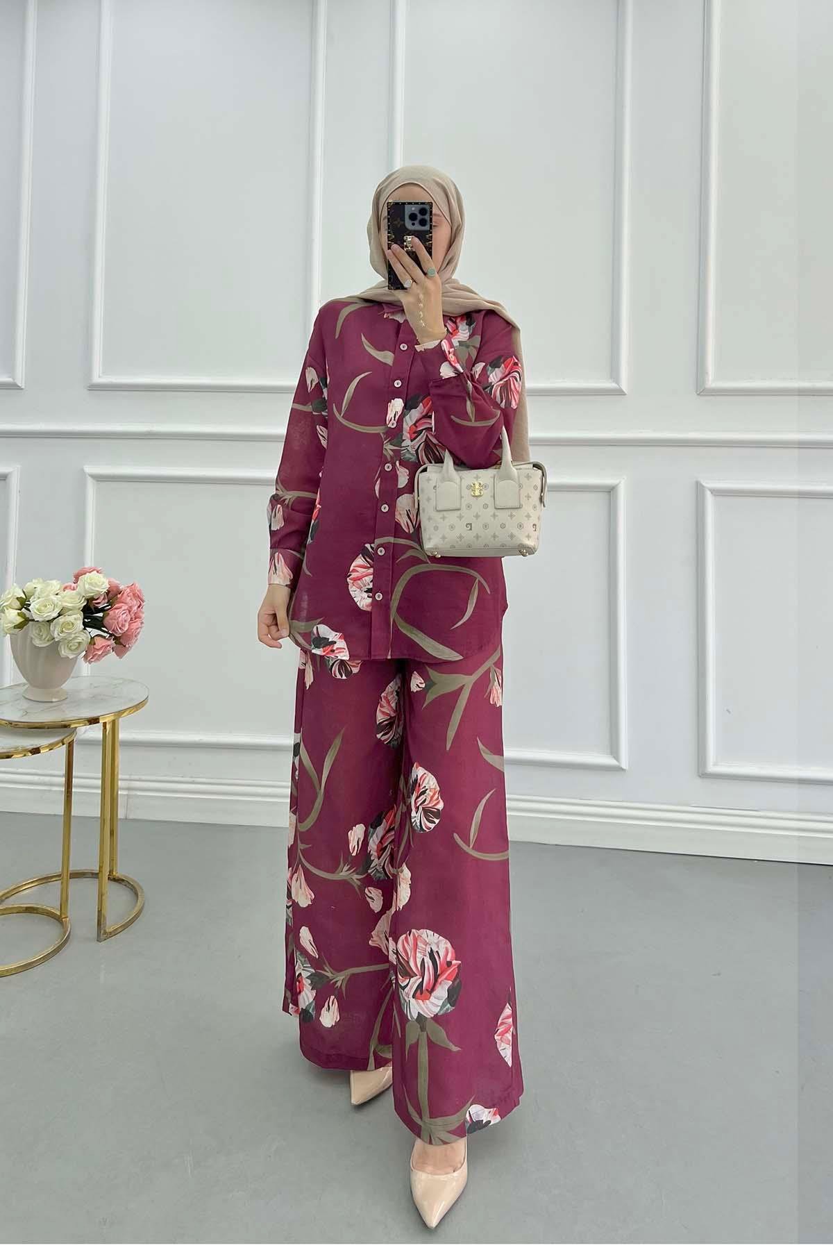 Sare Fashion Flower Patterned Set Cherry Maroon