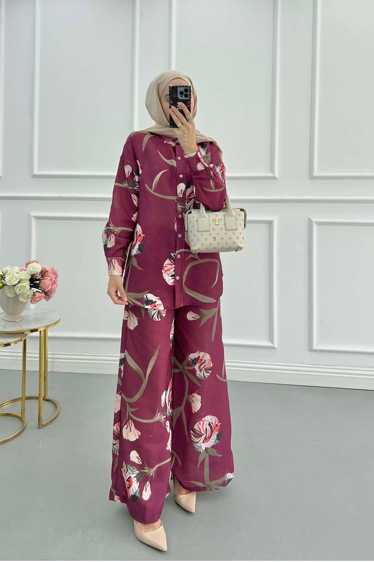 Sare Fashion Flower Patterned Set Cherry Maroon