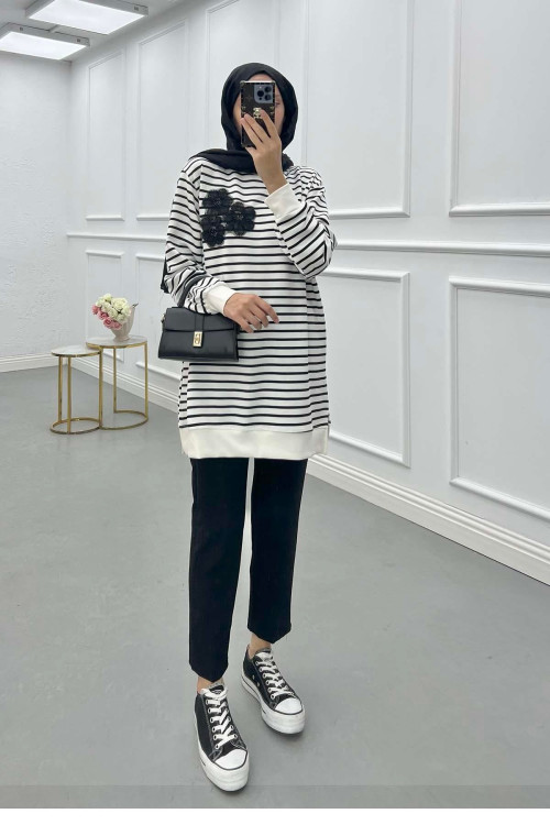 Sare Fashion Floral Detailed Striped Tunic Black Sare Fashion Floral Detailed Striped Tunic Black