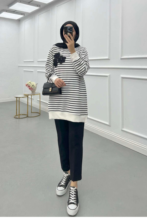 Sare Fashion Floral Detailed Striped Tunic Black Sare Fashion Floral Detailed Striped Tunic Black