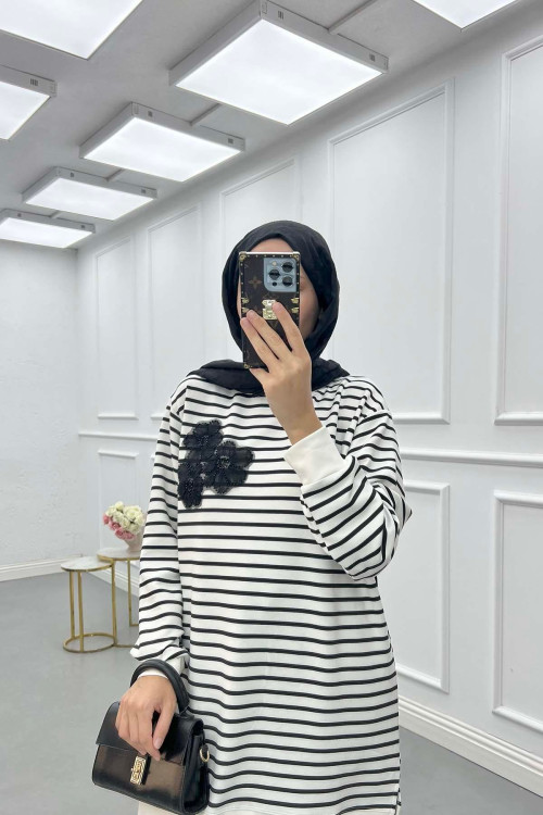 Sare Fashion Floral Detailed Striped Tunic Black Sare Fashion Floral Detailed Striped Tunic Black