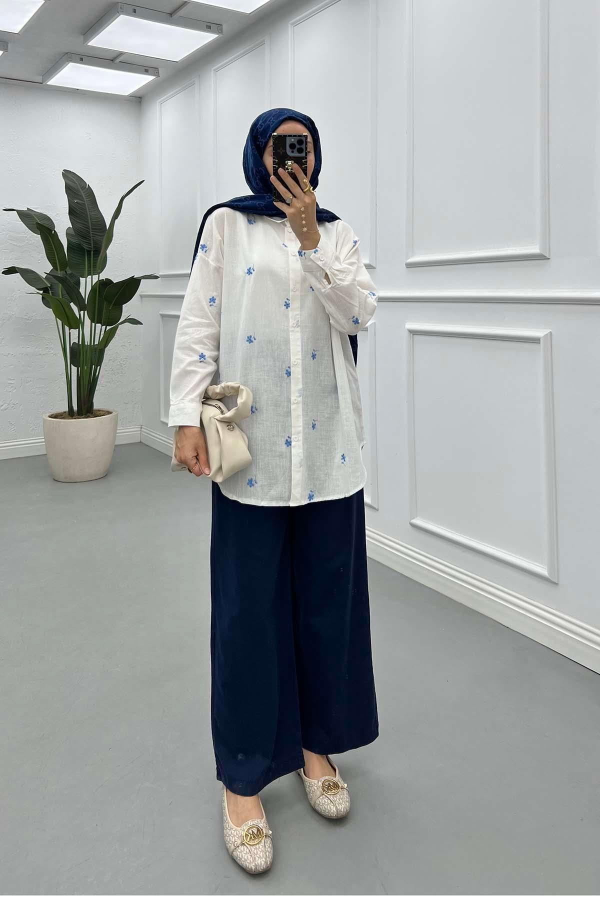 Sare Fashion Flower Detailed Shirt Indigo