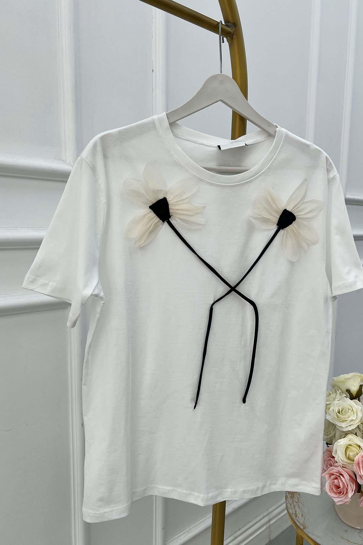 Sare Fashion Flower Motif T-shirt White