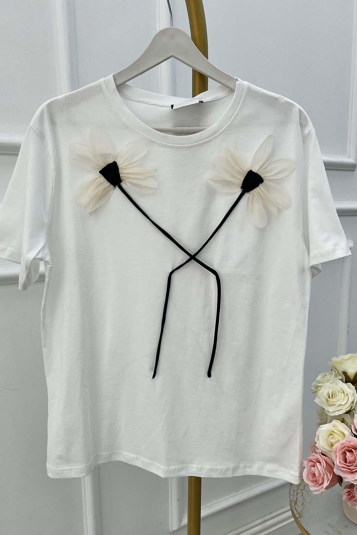 Sare Fashion Flower Motif T-shirt White