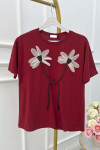 Sare Fashion Flower Motif T-shirt Claret Red
