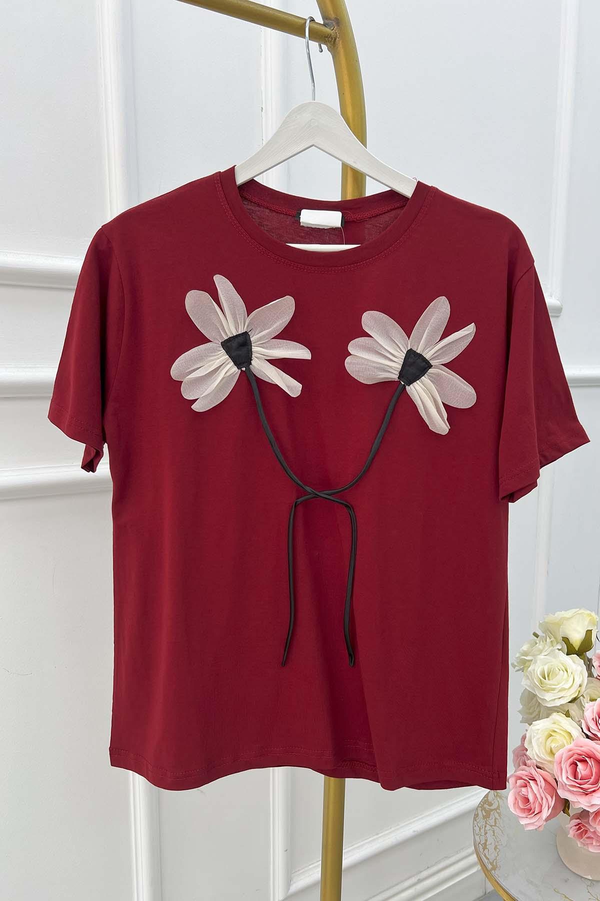 Sare Fashion Flower Motif T-shirt Claret Red