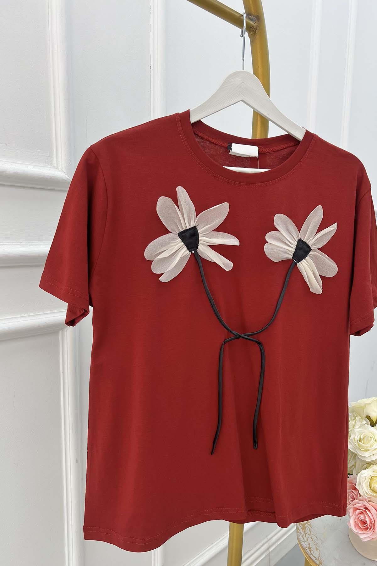 Sare Fashion Flower Motif T-shirt Claret Red