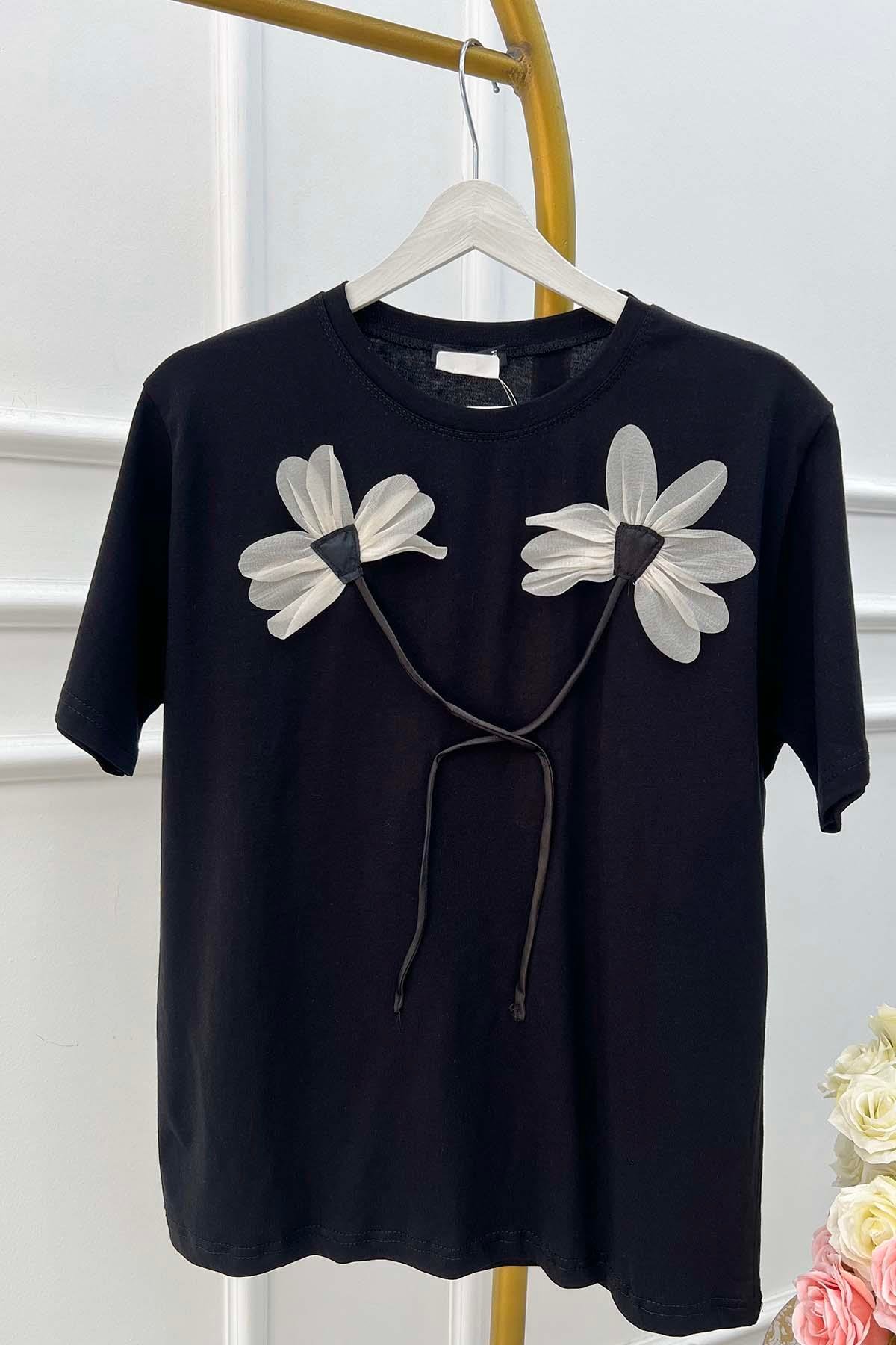 Sare Fashion Flower Motif T-shirt Black