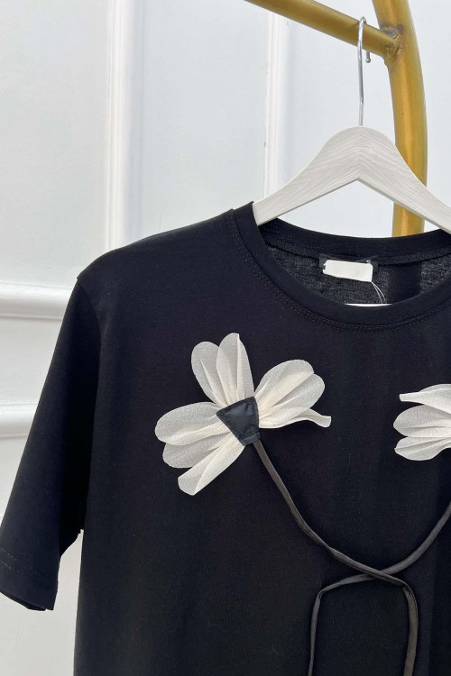 Sare Fashion Flower Motif T-shirt Black