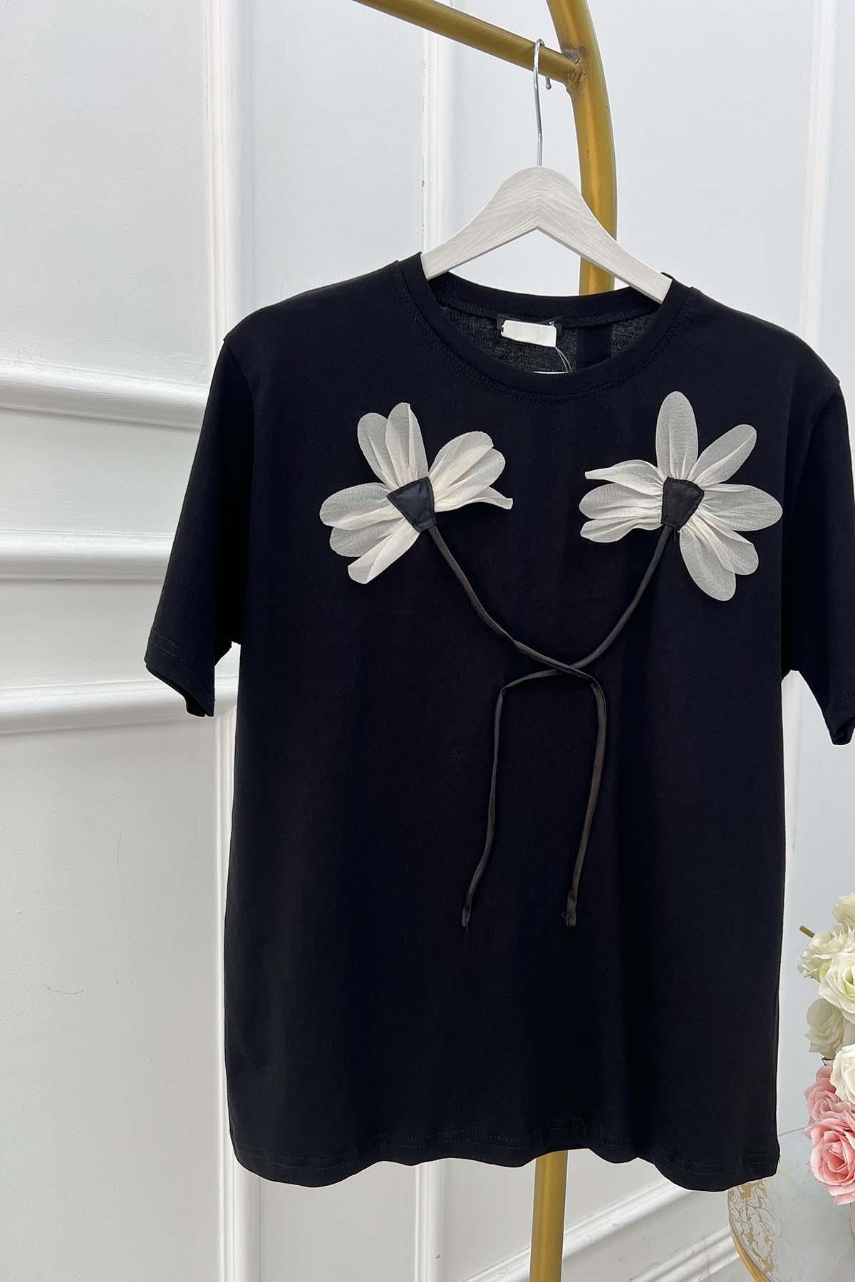 Sare Fashion Flower Motif T-shirt Black