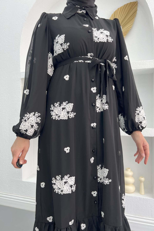 Floral Embroidered Dress Black