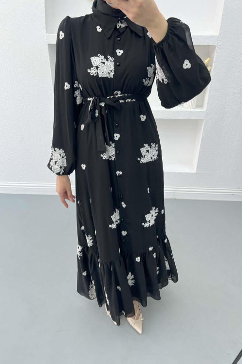 Floral Embroidered Dress Black