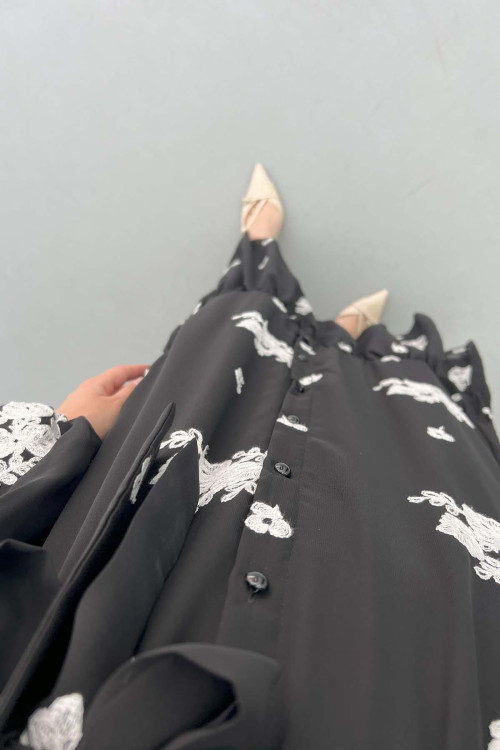 Floral Embroidered Dress Black