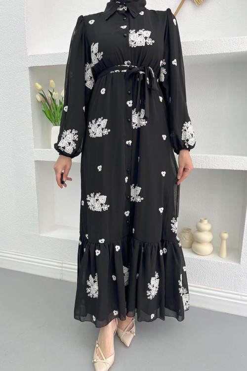 Floral Embroidered Dress Black