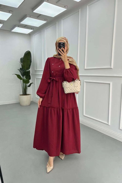 Sare Fashion Flower Embroidered Pearl Detailed Dress Burgundy