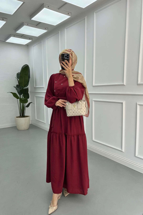 Sare Fashion Flower Embroidered Pearl Detailed Dress Burgundy
