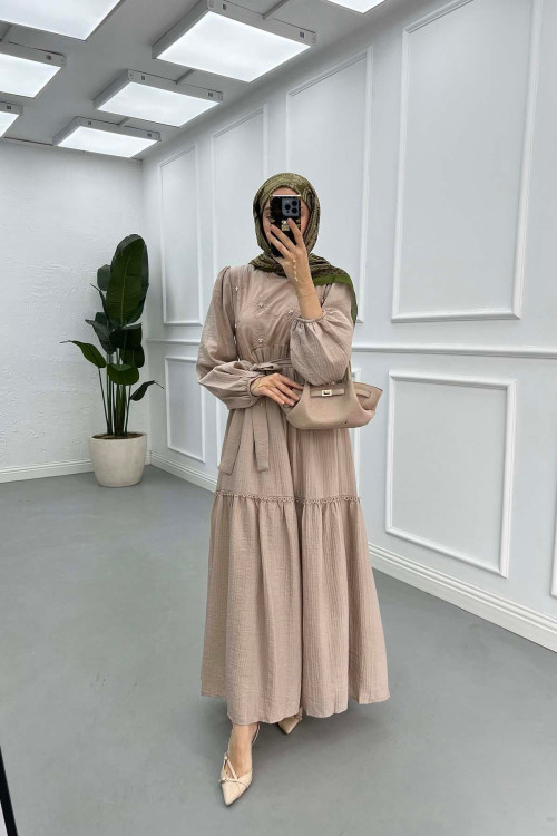 Sare Fashion Flower Embroidered Pearl Detailed Dress Mink