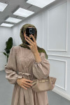 Sare Fashion Flower Embroidered Pearl Detailed Dress Mink