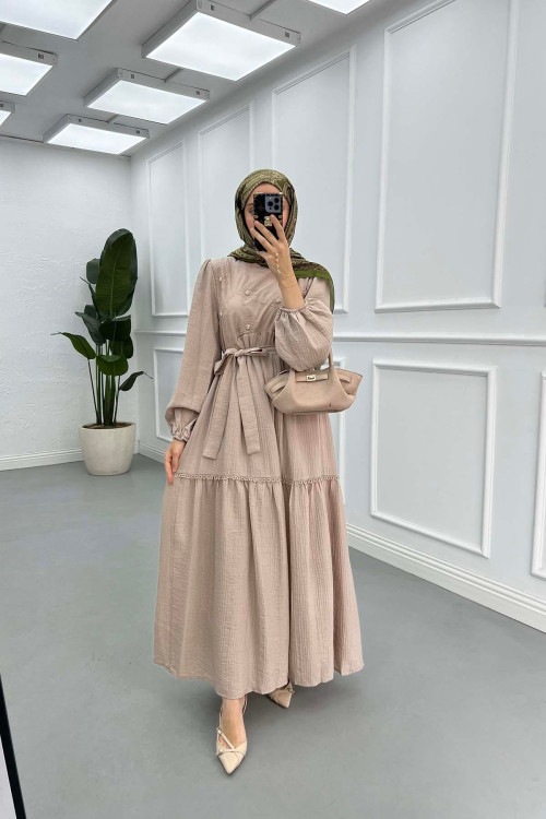 Sare Fashion Flower Embroidered Pearl Detailed Dress Mink