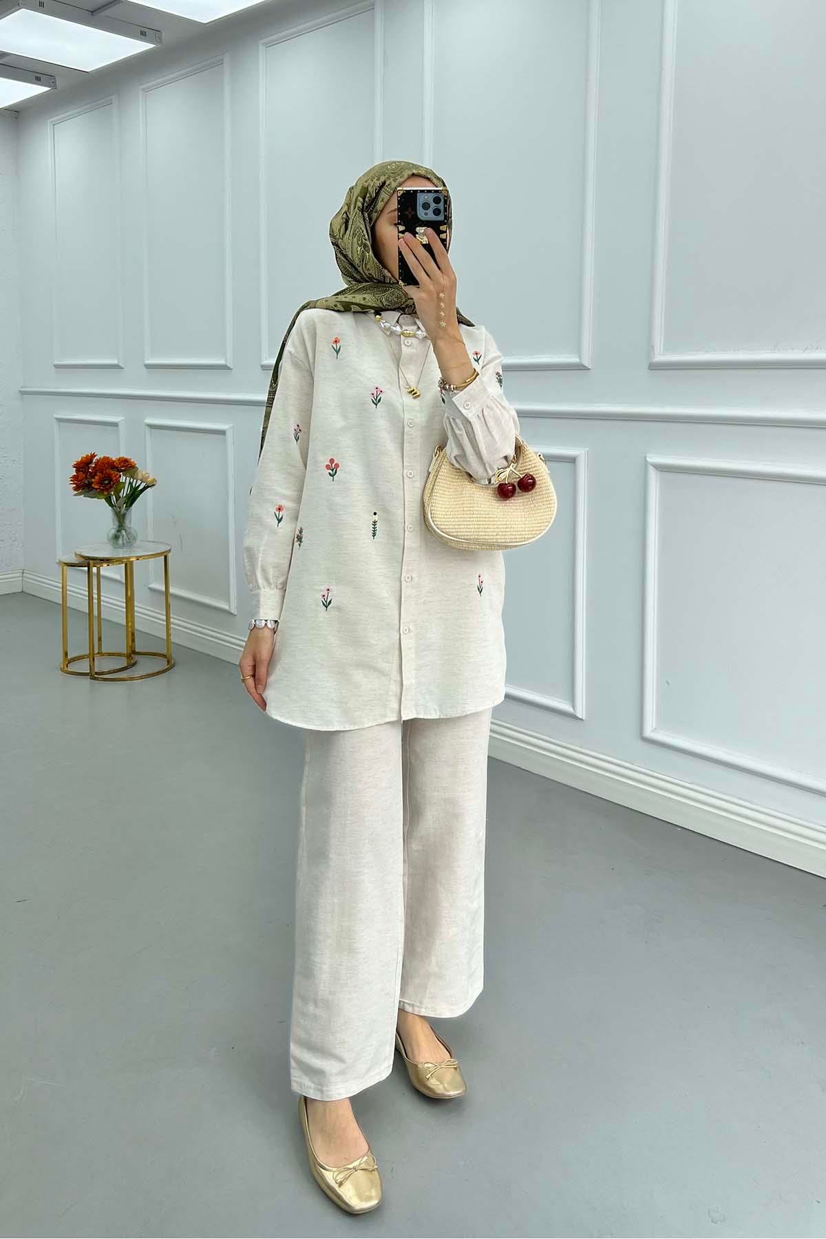 Sare Fashion Flower Embroidered Muslin Set Stone