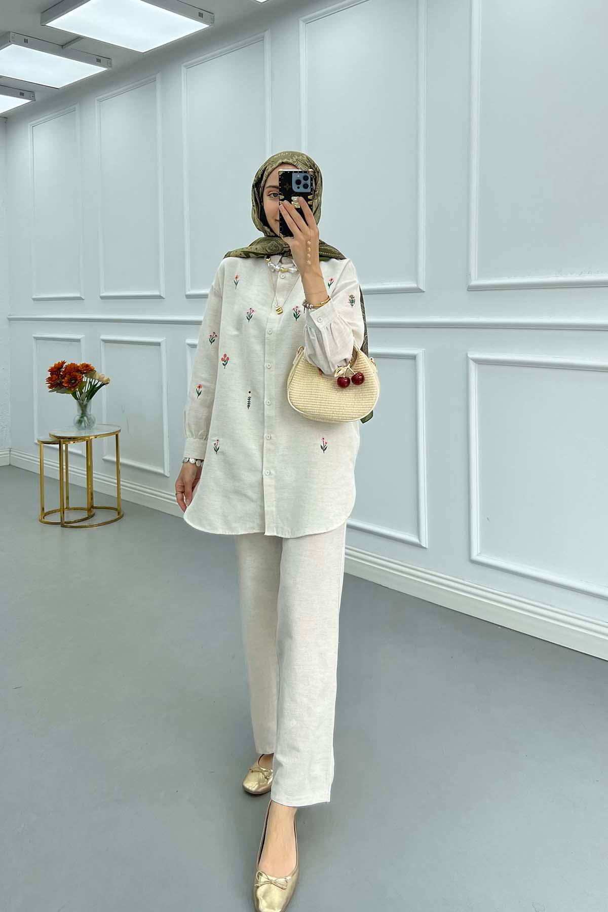 Sare Fashion Flower Embroidered Muslin Set Stone