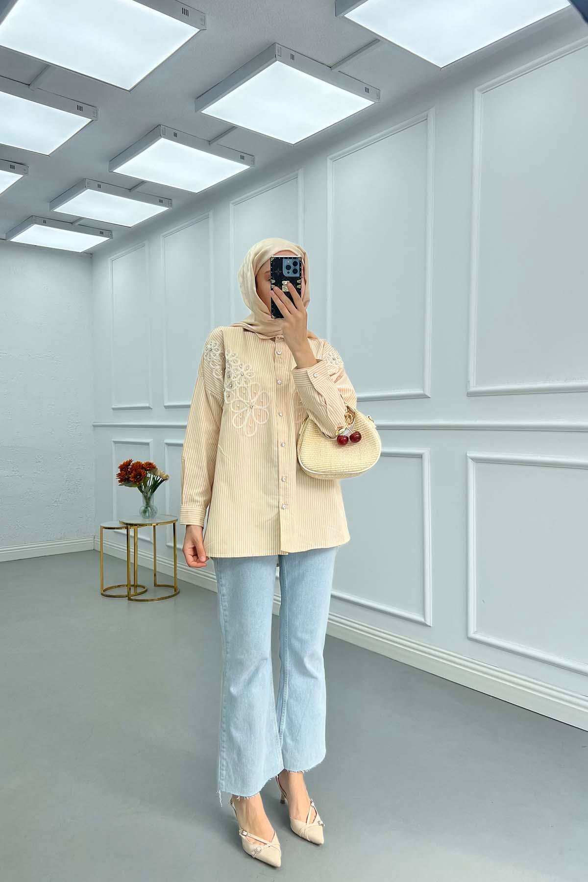 Sare Fashion Flower Embroidered Stoned Shirt Beige