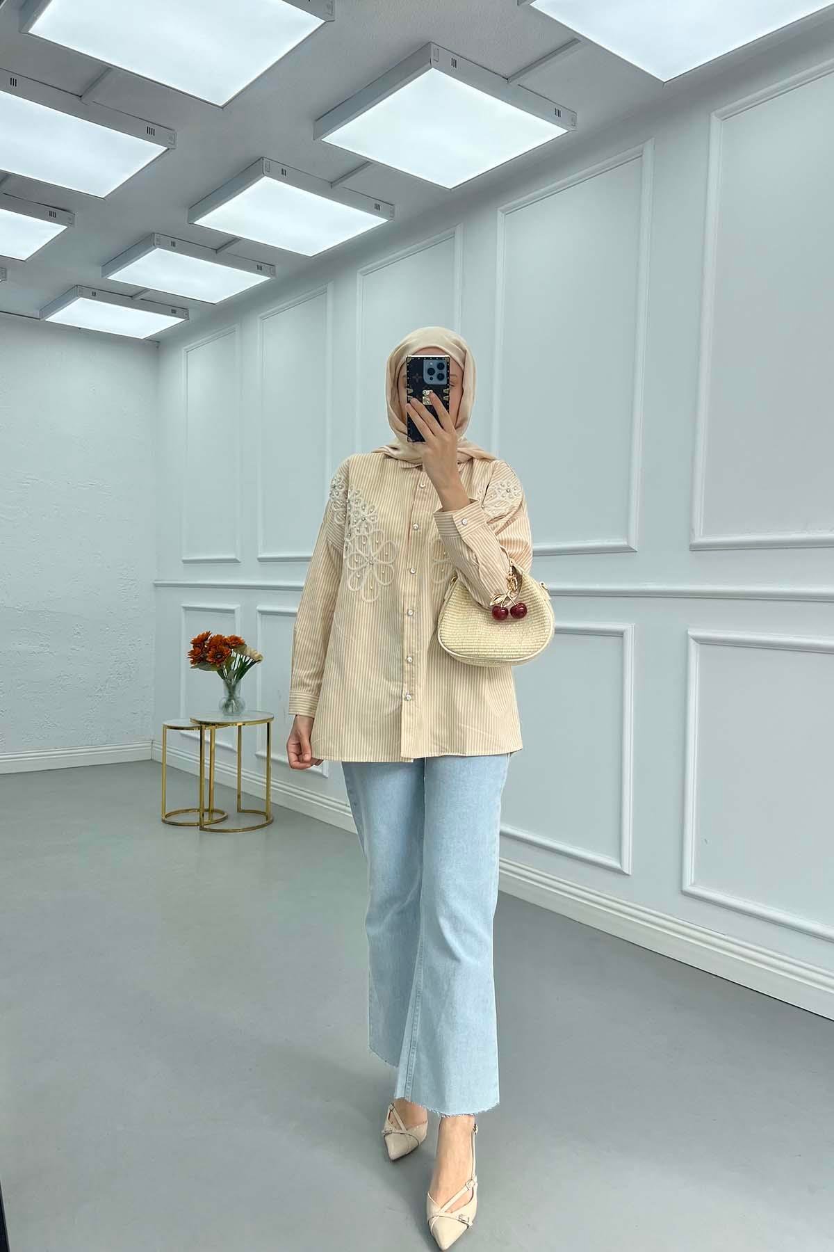 Sare Fashion Flower Embroidered Stoned Shirt Beige