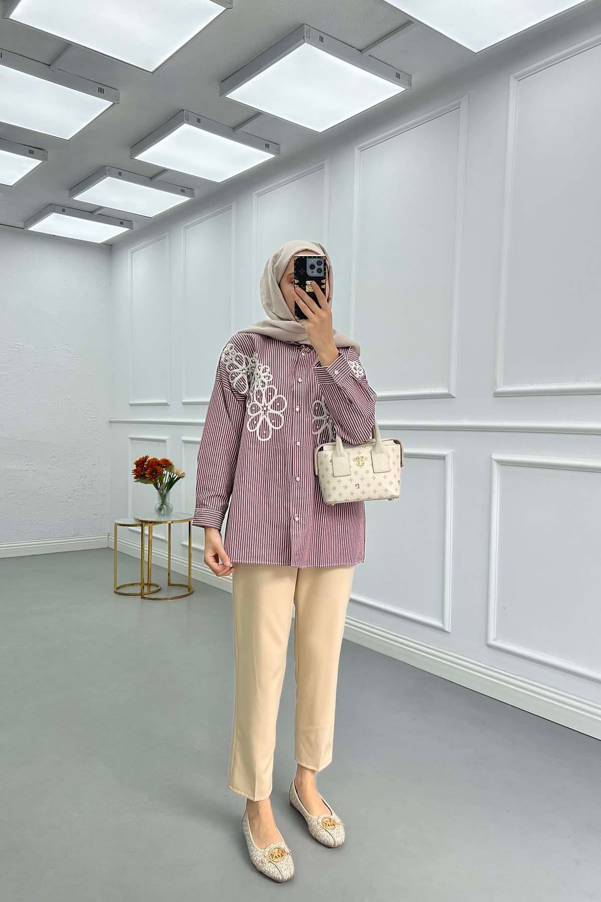 Sare Fashion Flower Embroidered Stoned Shirt Dusty Rose
