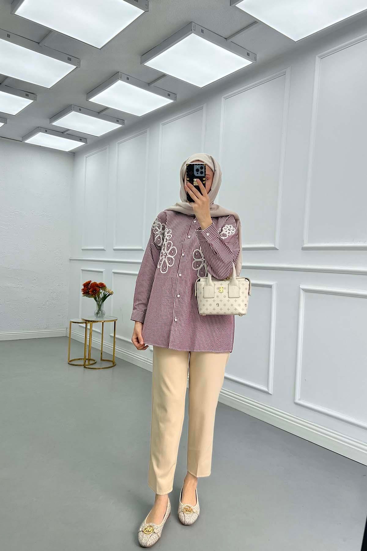 Sare Fashion Flower Embroidered Stoned Shirt Dusty Rose