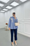 Sare Fashion Flower Embroidered Stoned Shirt Blue
