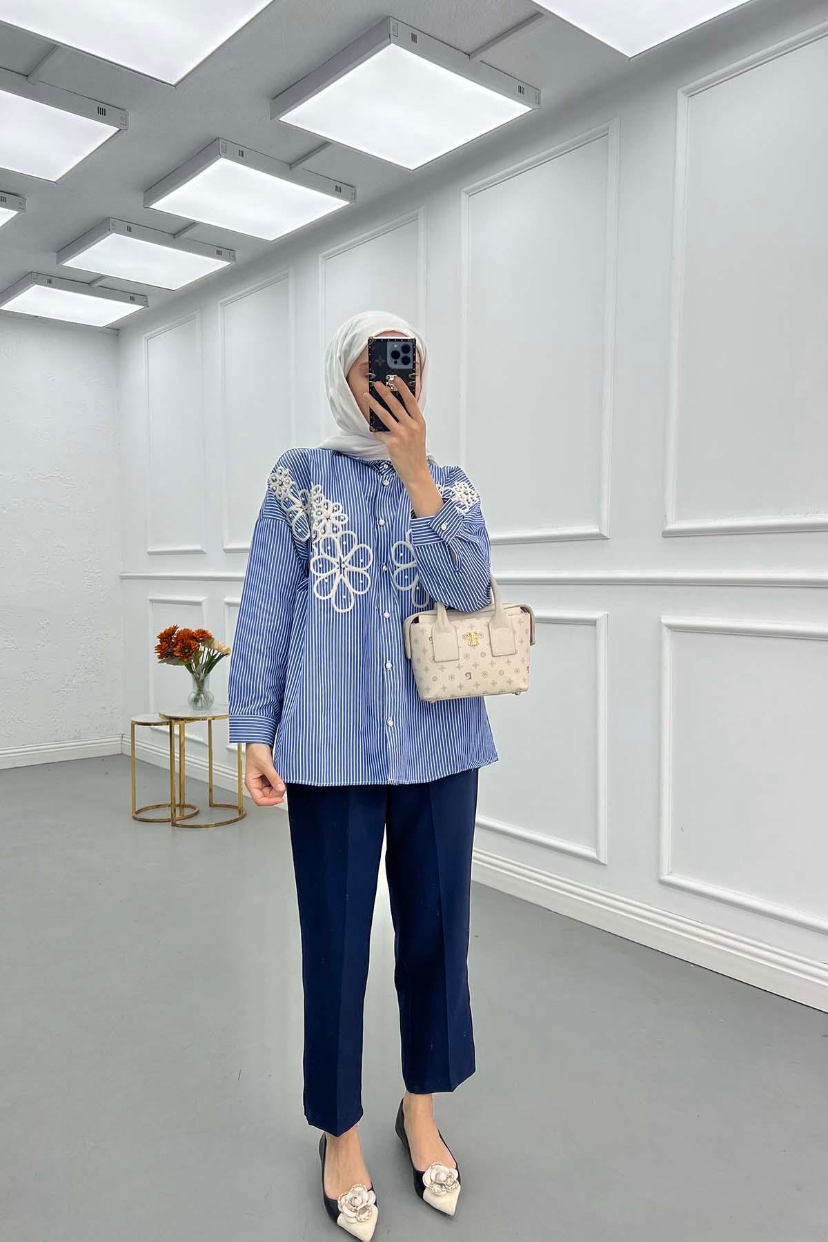Sare Fashion Flower Embroidered Stoned Shirt Blue