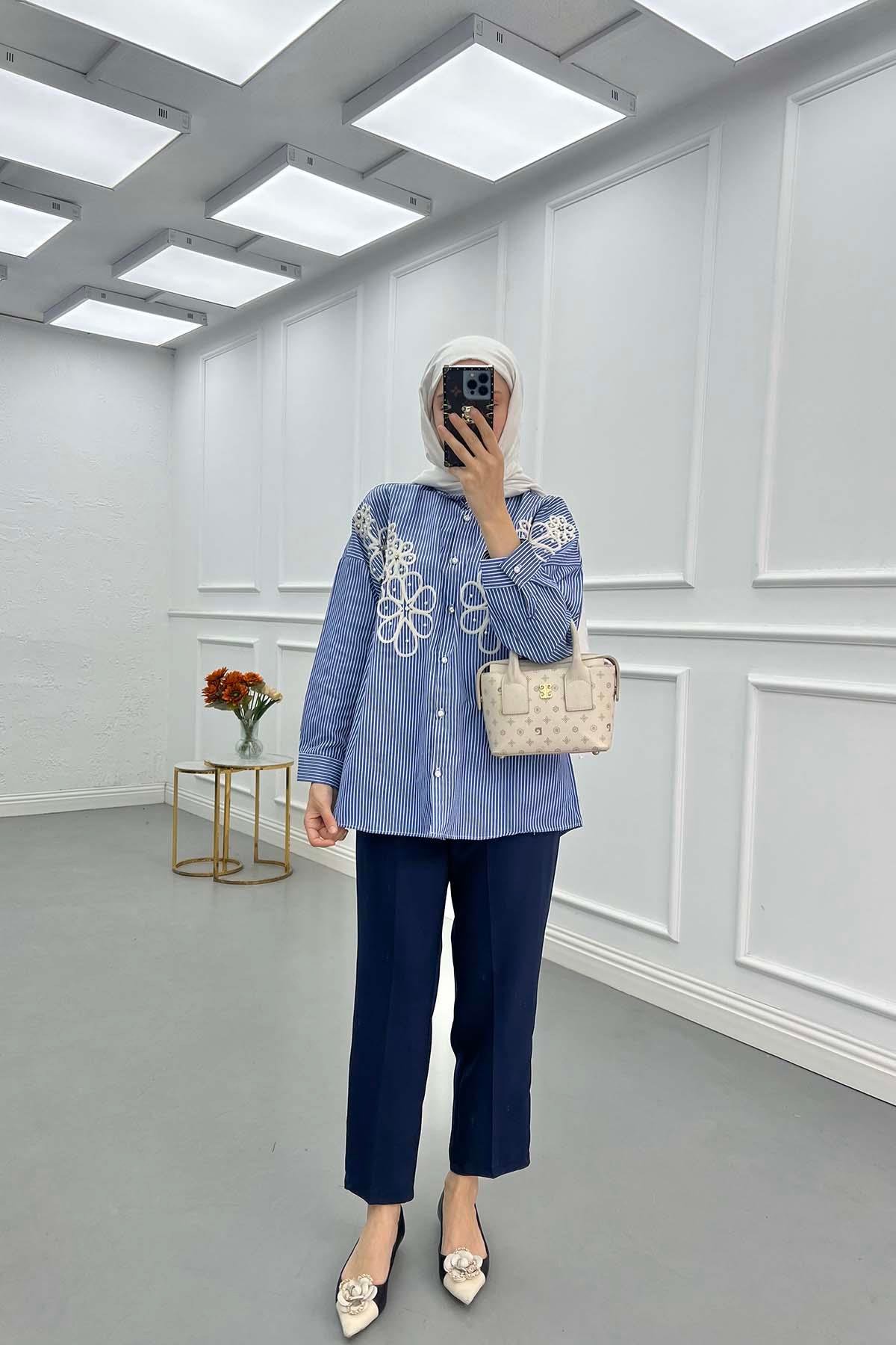 Sare Fashion Flower Embroidered Stoned Shirt Blue
