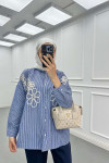 Sare Fashion Flower Embroidered Stoned Shirt Blue