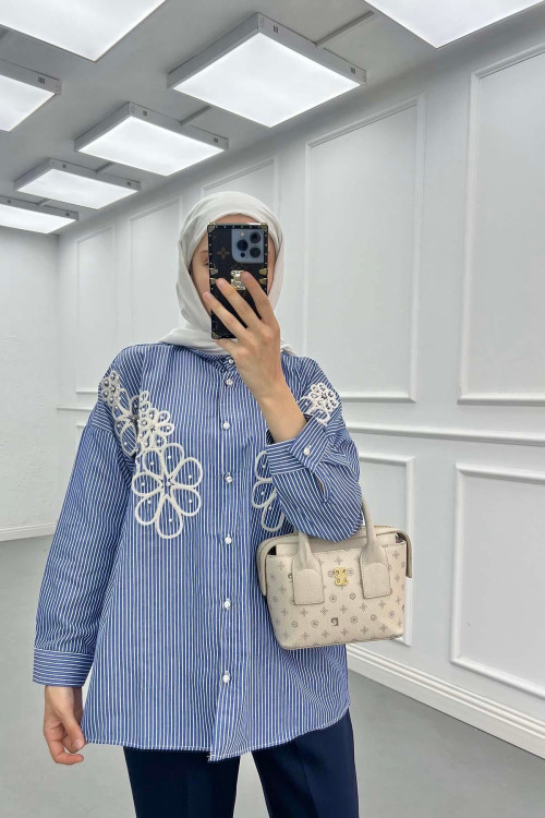Sare Fashion Flower Embroidered Stoned Shirt Blue