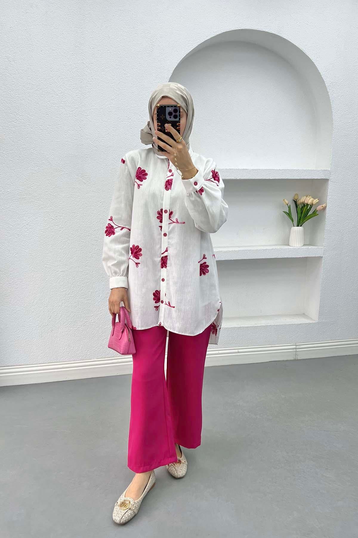Floral Linen Suit Fuchsia