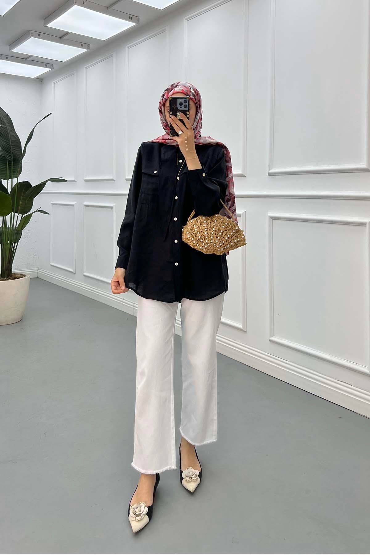 Sare Fashion Double Pocket Modal Shirt Black