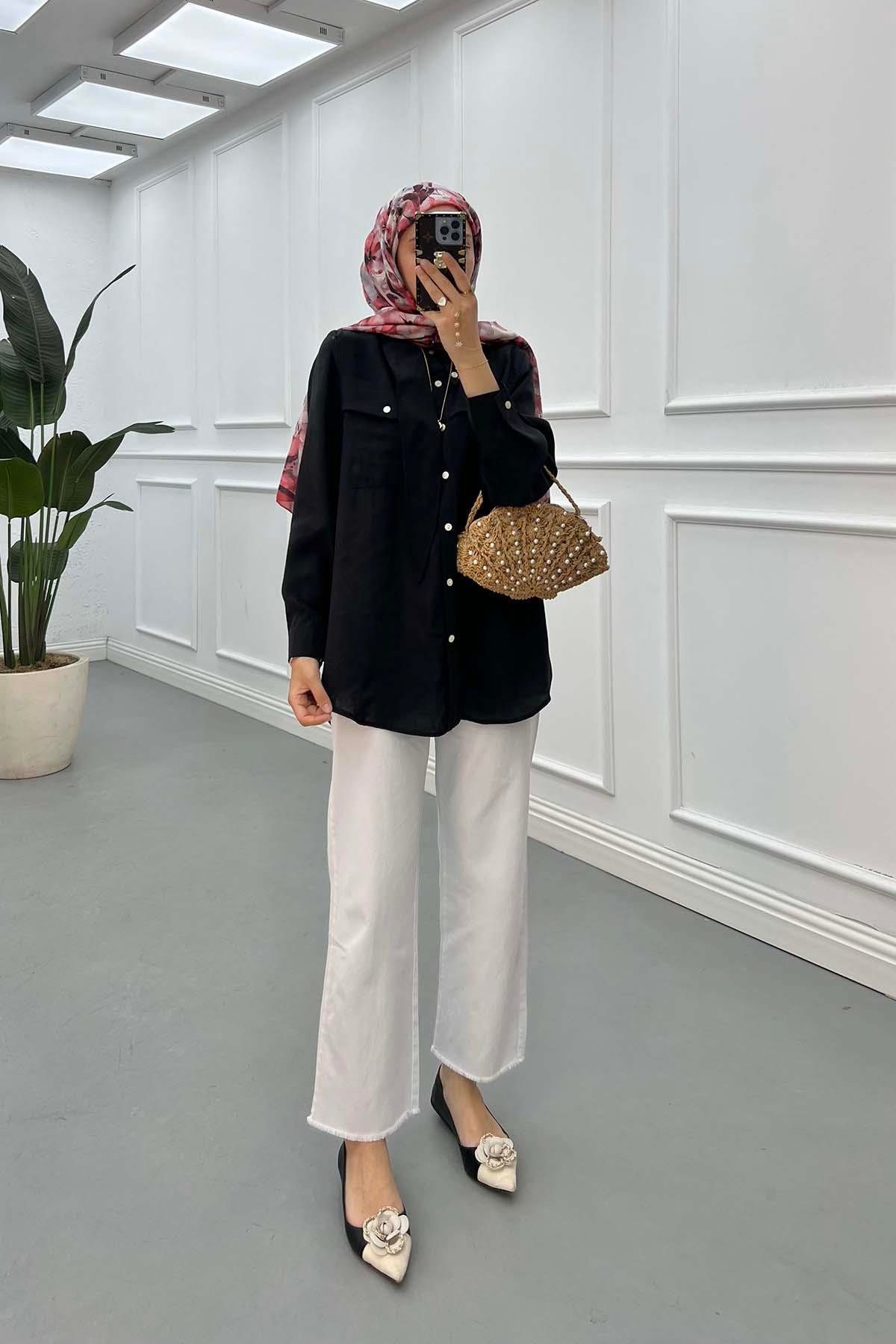 Sare Fashion Double Pocket Modal Shirt Black