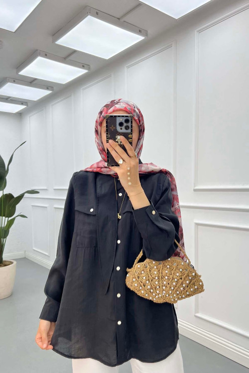 Sare Fashion Double Pocket Modal Shirt Black