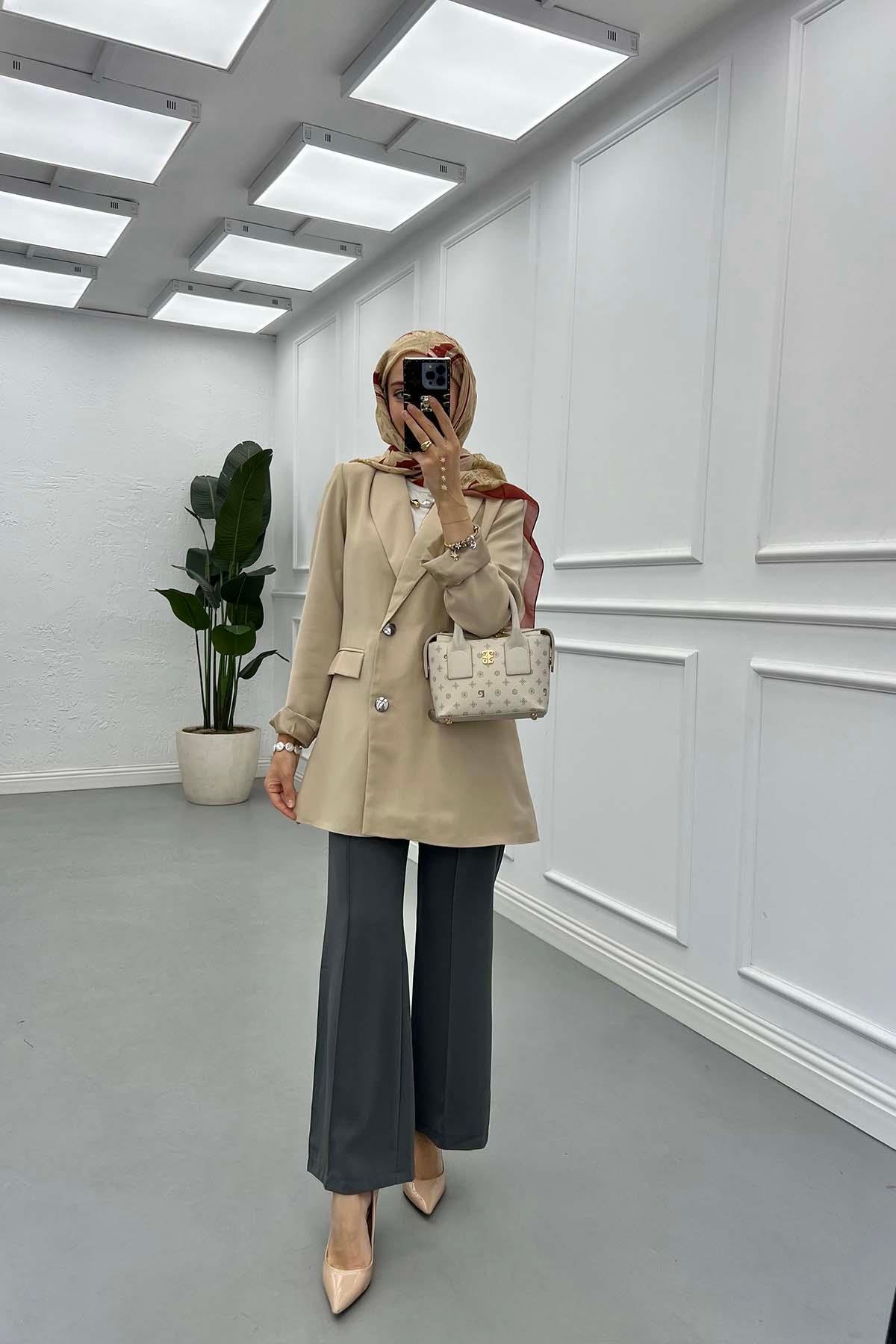 Sare Fashion Double Buttoned Lined Jacket Beige