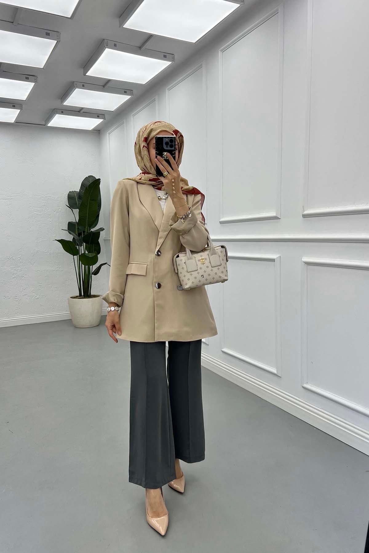 Sare Fashion Double Buttoned Lined Jacket Beige