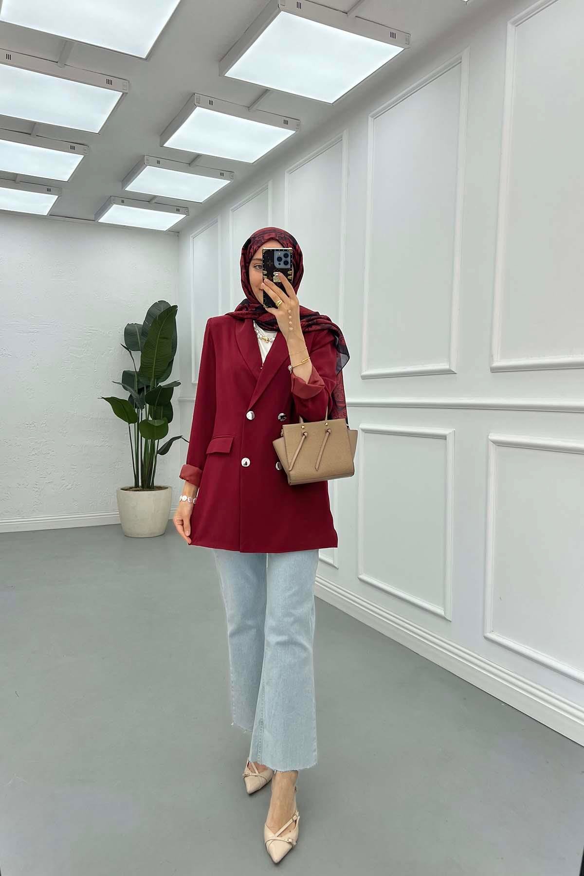 Sare Fashion Double Buttoned Lined Jacket Burgundy