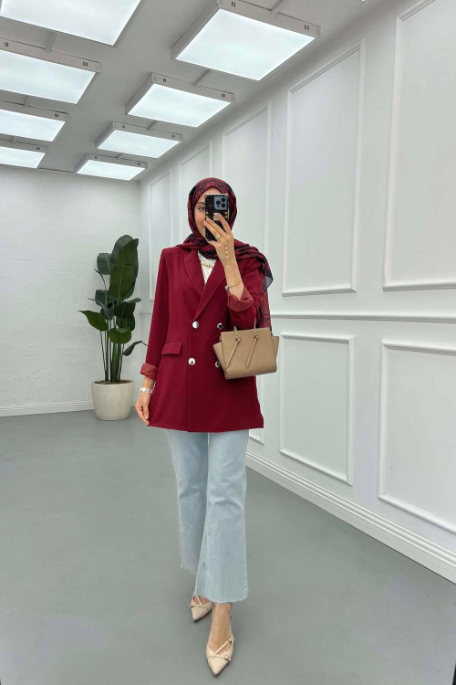 Sare Fashion Double Buttoned Lined Jacket Burgundy