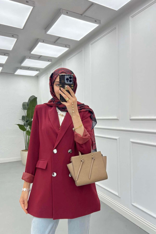 Sare Fashion Double Buttoned Lined Jacket Burgundy