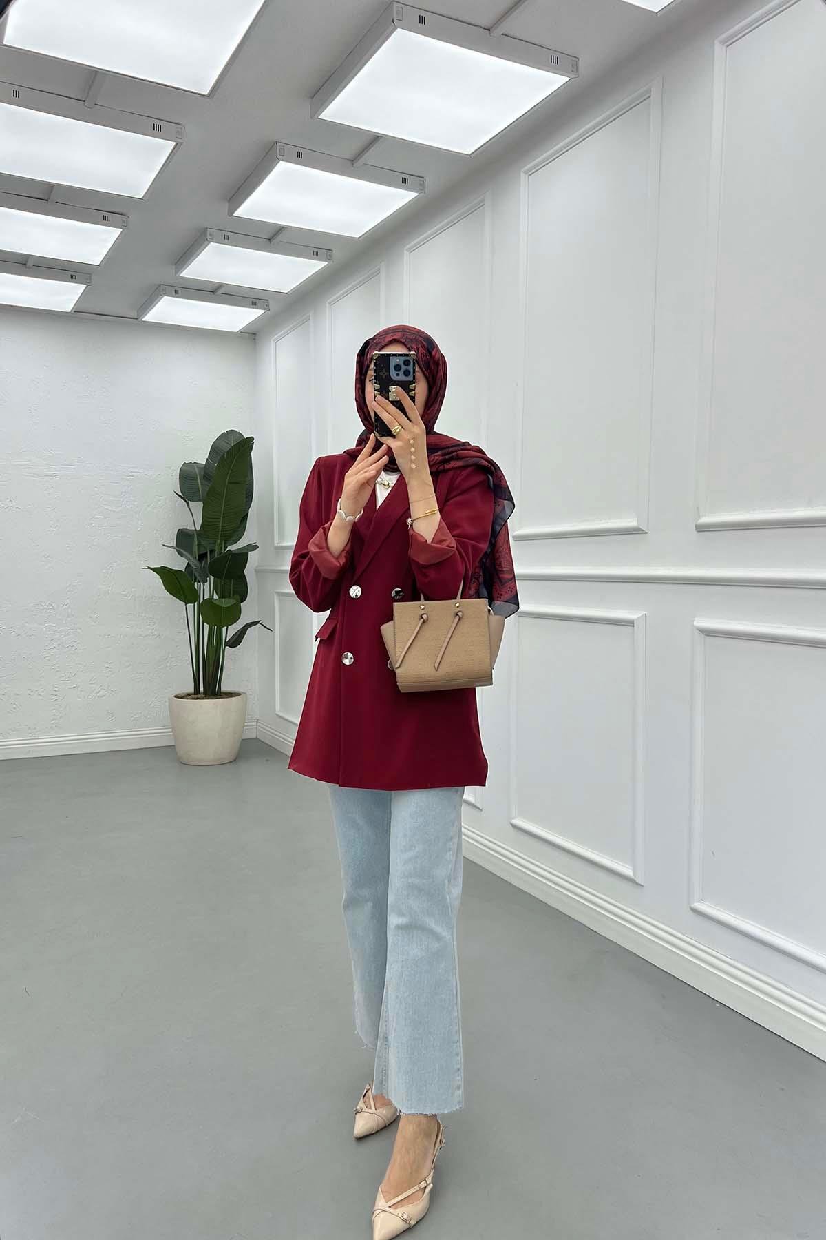 Sare Fashion Double Buttoned Lined Jacket Burgundy