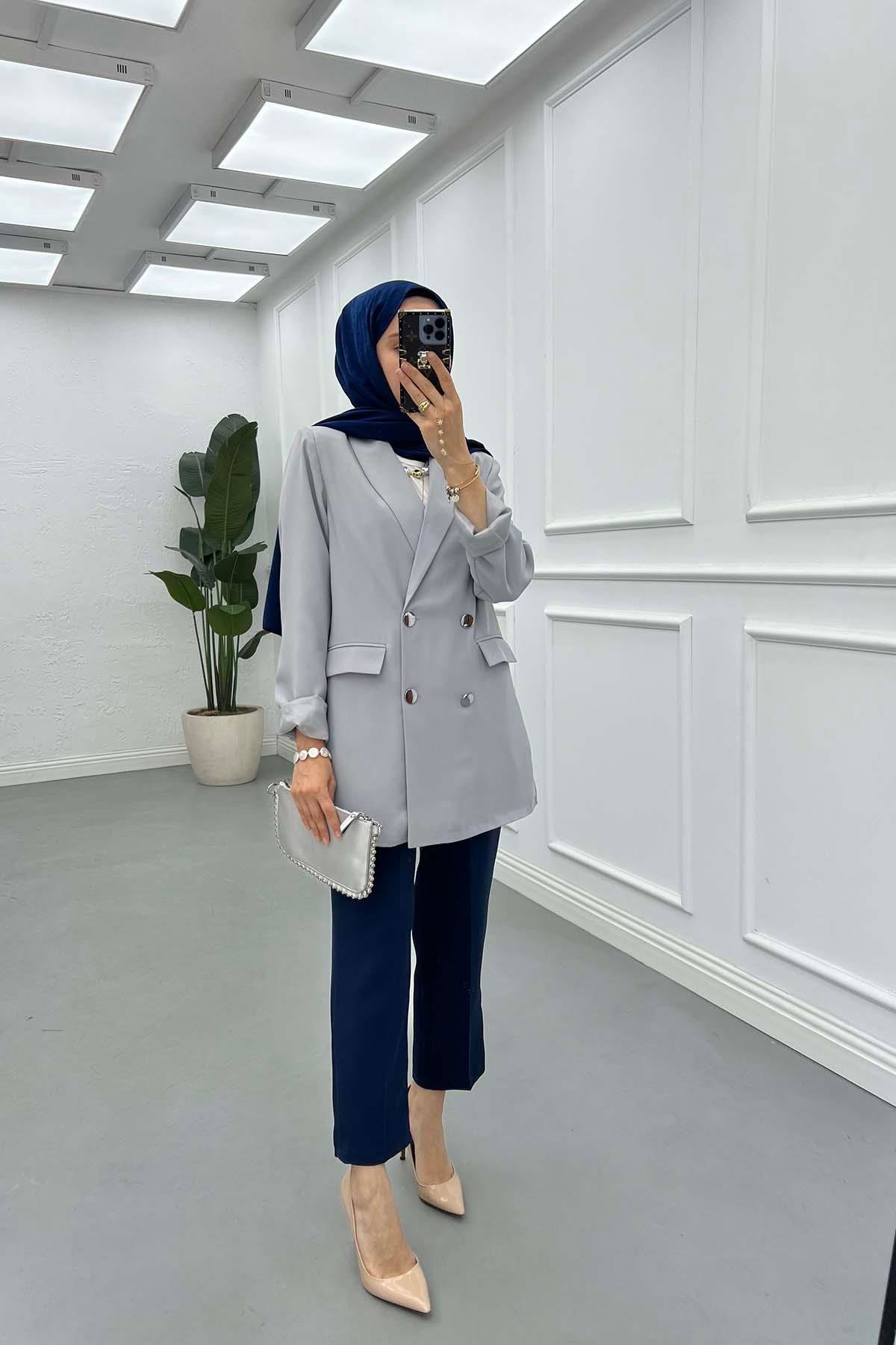 Sare Fashion Double Buttoned Lined Jacket Gray