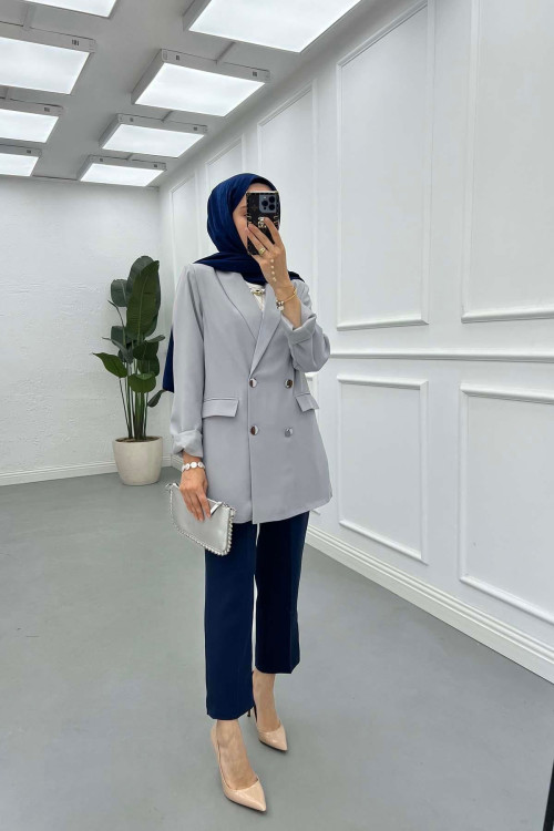Sare Fashion Double Buttoned Lined Jacket Gray