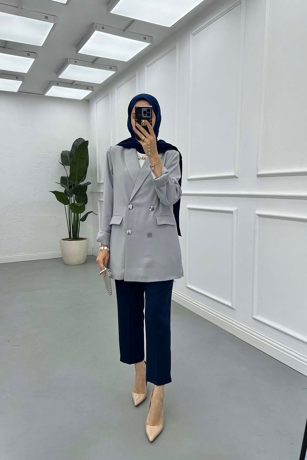 Sare Fashion Double Buttoned Lined Jacket Gray